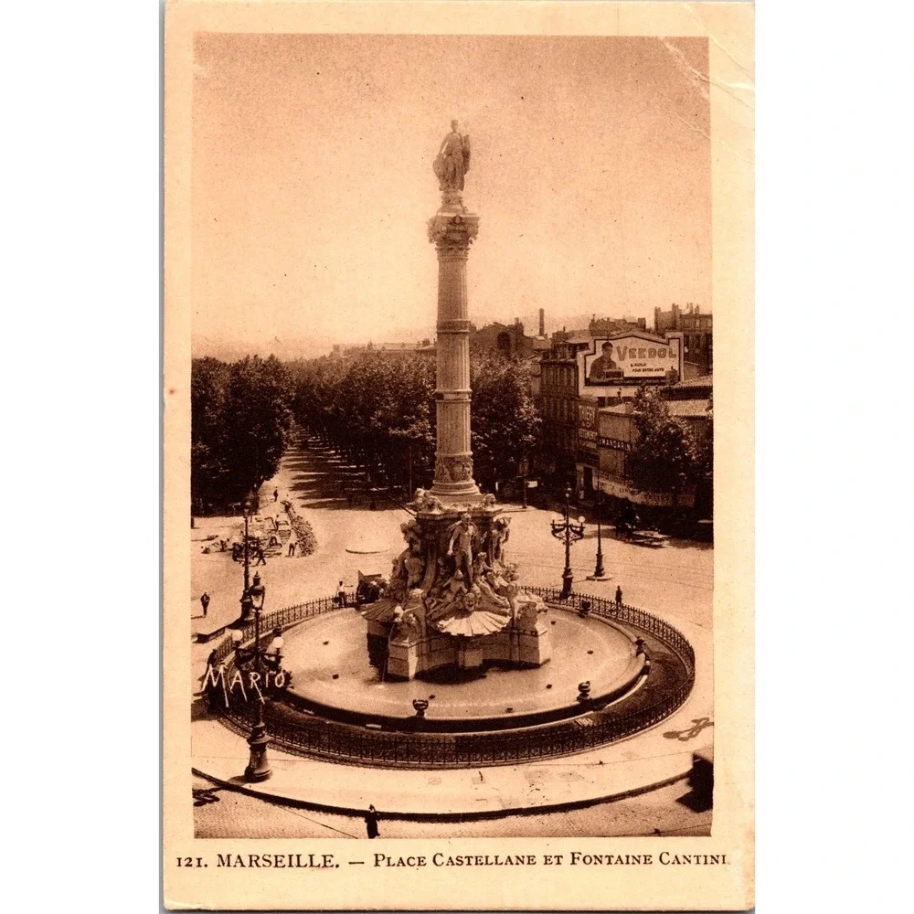 Vintage Marseille Place Castellane Fontaine Cantini Sepia Postcard